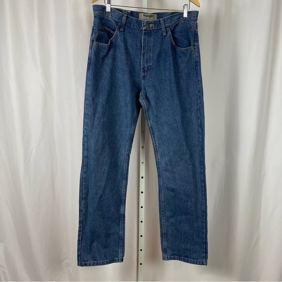 Wrangler Mens 34 x 32 Regular Fit Cotton Jeans Dark Wash Rugged Cowboy Workwear - Picture 1 of 9